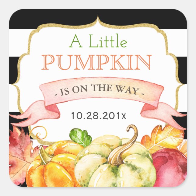 Little Pumpkin Autumn Leaves Fall Baby Shower Quadratischer Aufkleber (Vorderseite)