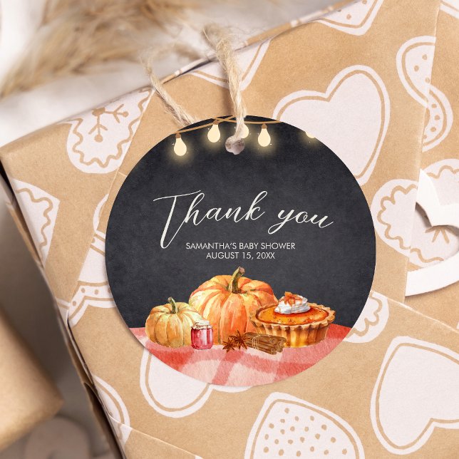 Little Pumpkin Autumn Picnic Baby Dusche Round Geschenkanhänger (Pumpkin Fall Baby Shower Round Favor Tags
)