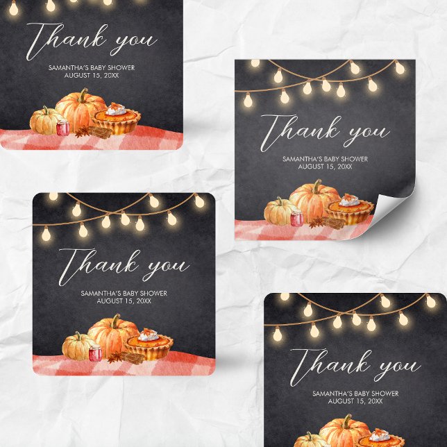 Little Pumpkin Autumn Picnic Baby Shower Quadratischer Aufkleber (Pumpkin Fall Baby Shower Square Sticker)