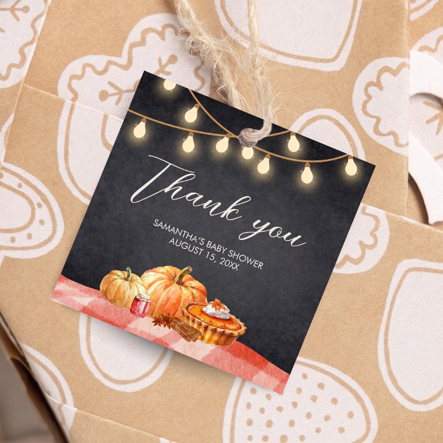 Little Pumpkin Autumn Picnic Baby Shower Square Geschenkanhänger (Pumpkin Fall Baby Shower Square Favor Tags)