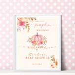 Little Pumpkin Baby Dusche Pink Girl Willkommen Poster<br><div class="desc">Niedliches rosa und pastellfarbene Babydusche Willkommensschild "Ein süßer Kürbis ist auf dem Weg" mit Wasserfarbenkürbis und Blume-Design Kompositionen.</div>