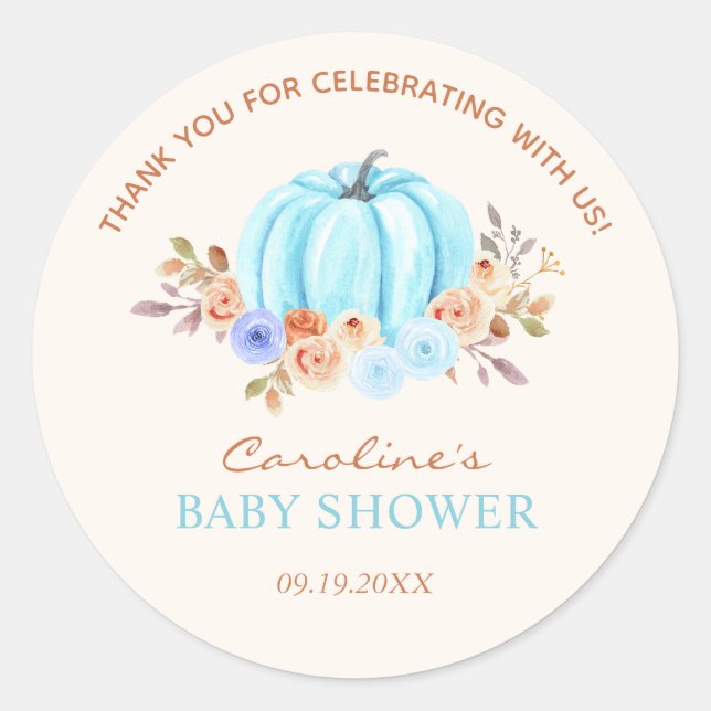 Little Pumpkin Baby Shower Blue Boy Runder Aufkleber (Vorderseite)