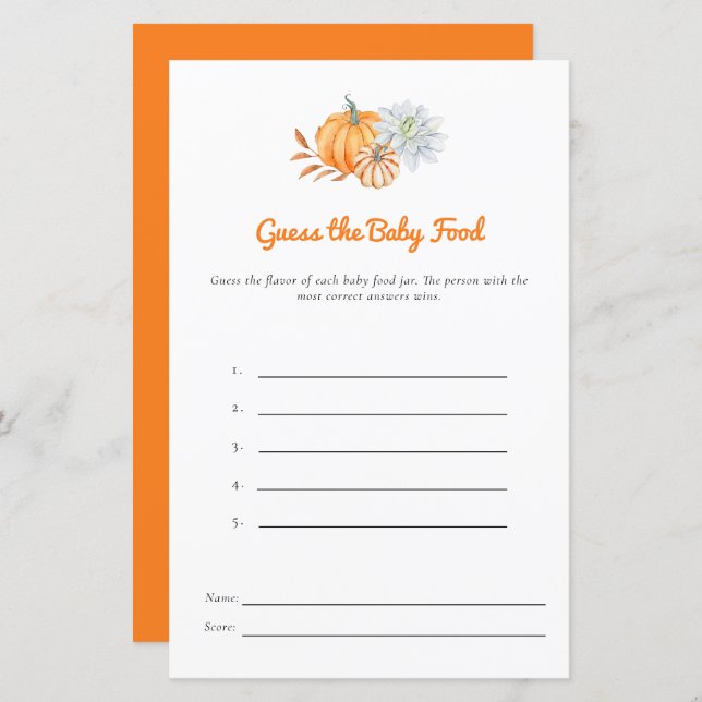 Little Pumpkin Baby Shower Guess Baby Food Game (Vorne/Hinten)