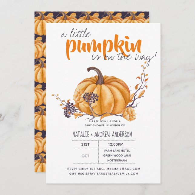 Little Pumpkin Baby Shower Halloween Org/Purp Einladung (Vorne/Hinten)