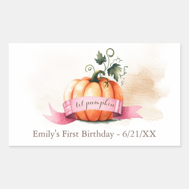Little Pumpkin Birthday Label Girl Rechteckiger Aufkleber (Vorderseite)