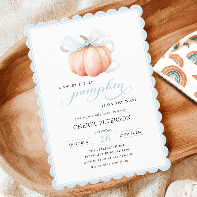Little Pumpkin Blue Bow Baby Shower Einladung (Von Creator hochgeladen)