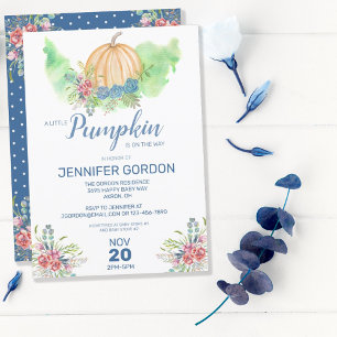 Little Pumpkin Blue Fall Floral Boy Baby Dusche Einladung