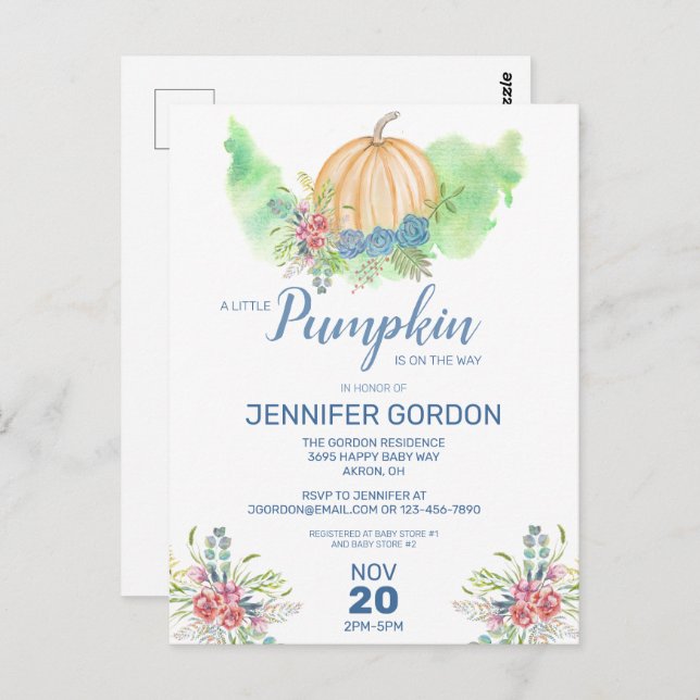 Little Pumpkin Blue Floral Baby Dusche Einladung Postkarte (Vorne/Hinten)