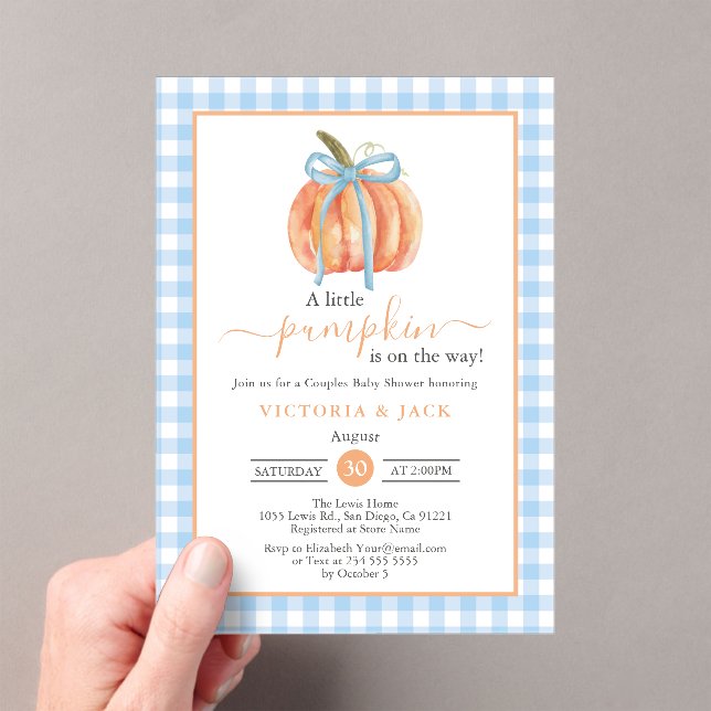 Little Pumpkin Blue Gingham Fall Baby Shower Acryleinladungen (Insitu (Handheld))