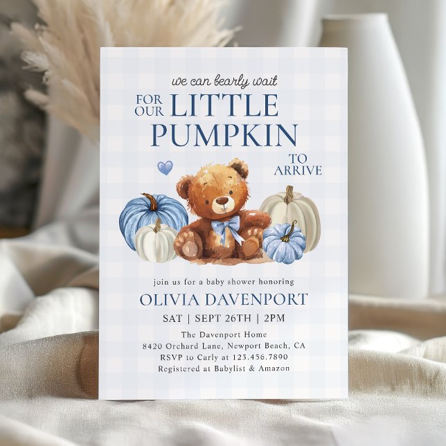 Little Pumpkin Blue Gingham Fall Boy Baby Shower Einladung (Von Creator hochgeladen)