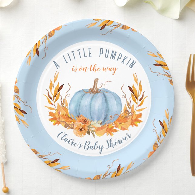 Little Pumpkin Blue Herbst Herbst Kinderdusche Pappteller (Little Pumpkin Blue Baby Shower Paper Plates)