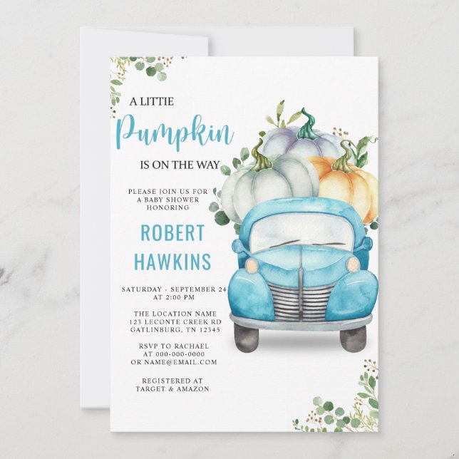 Little Pumpkin Blue Truck Baby Dusche Einladung (Vorderseite)