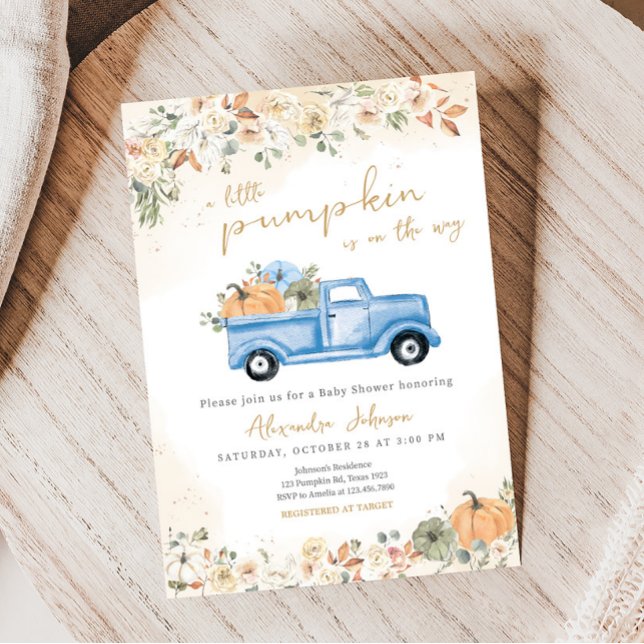 Little Pumpkin Blue Truck Baby Dusche Einladung (Pumpkin Blue Truck Baby Shower Invitation)