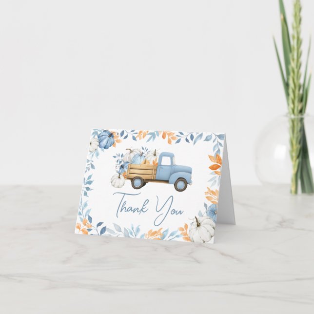 Little Pumpkin Blue Truck Fall Baby Dusche Dankeskarte (Vorderseite)