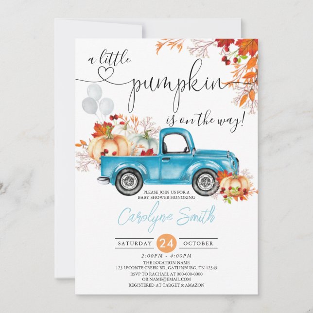 Little Pumpkin Blue Truck Fall Baby Dusche Einladung (Vorderseite)