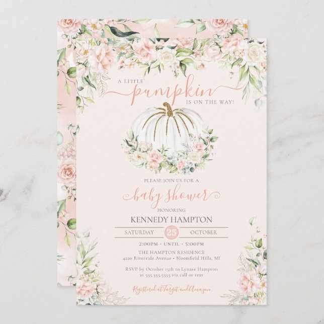 Little Pumpkin Blush Pink Floral Fall Baby Dusche Einladung (Vorne/Hinten)