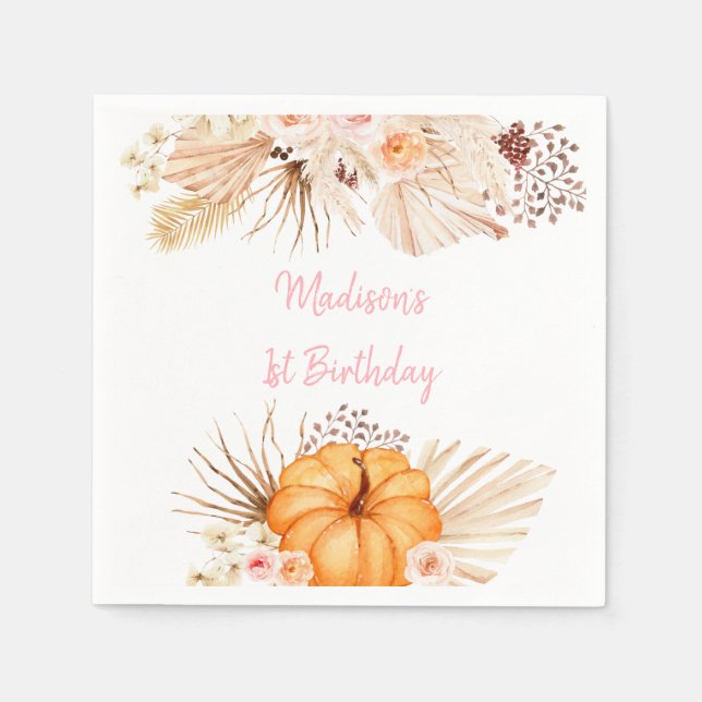 Little Pumpkin Boho Floral Geburtstag Serviette (Vorderseite)