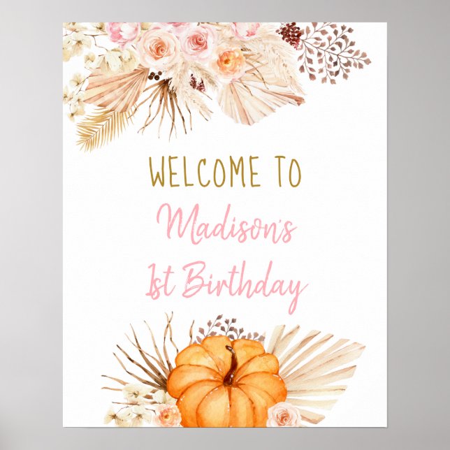 Little Pumpkin Boho Floral Geburtstag Willkommen Poster (Vorne)