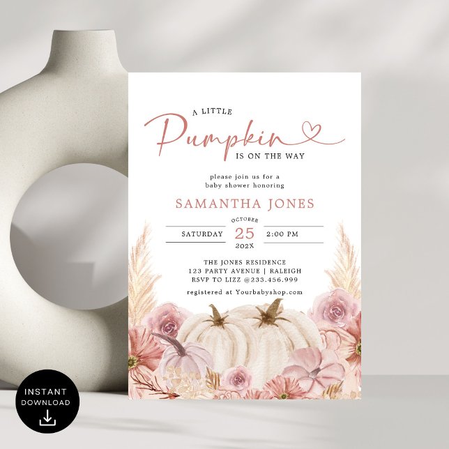 Little Pumpkin Boho Pink Pampas Grass Baby Dusche Einladung (Von Creator hochgeladen)