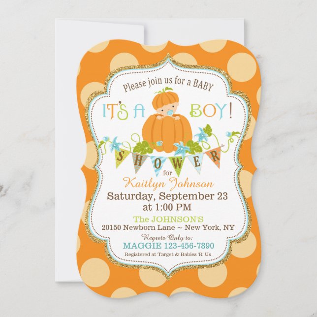Little Pumpkin Boy Fall Baby Shower Einladungen (Vorderseite)