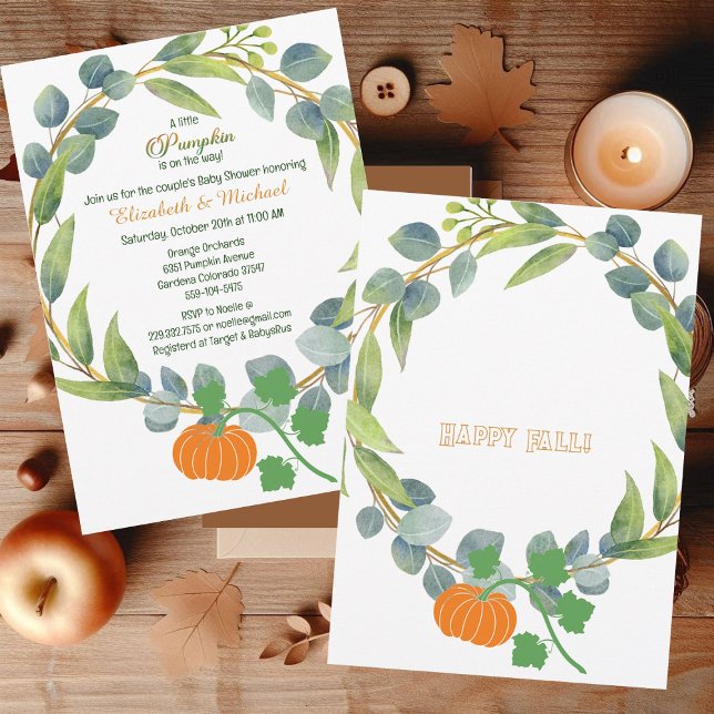 Little Pumpkin Couples Baby Shower Greenery Wreath Einladung (A Little Pumpkin Couples Baby Shower Greenery Wreath Invitation)