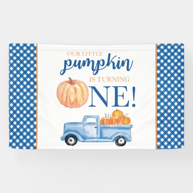 Little Pumpkin Erster Geburtstag blauer LKW karier Banner (Horizontal)