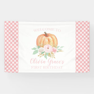 Little Pumpkin Erster Geburtstag Blumenrosa karier Banner