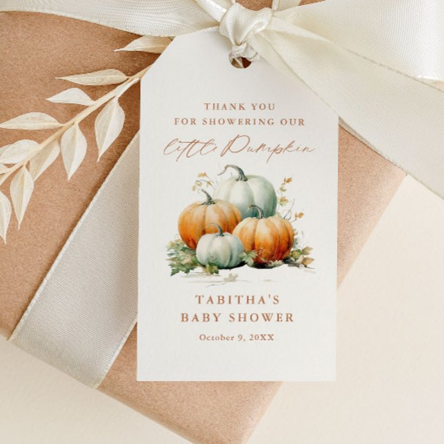 Little Pumpkin Fall Babydusche Danke, dass Sie daf Geschenkanhänger (An elegant fall little pumpkin neutral baby shower thank you favor tag in orange and green.)