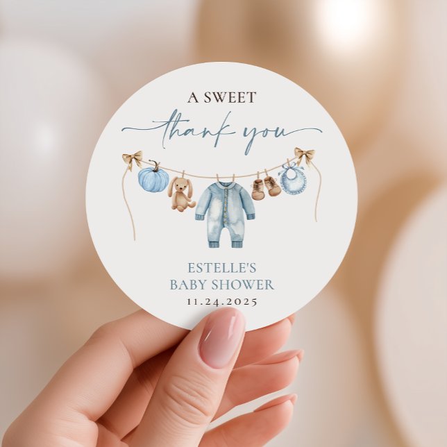 Little Pumpkin Fall Blue Boy Baby Shower Fevor Runder Aufkleber (Von Creator hochgeladen)