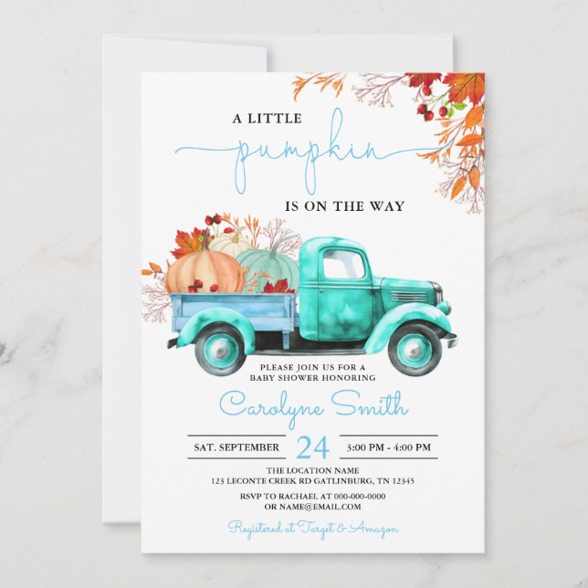 Little Pumpkin Fall Blue Truck Baby Dusche Einladung (Vorderseite)