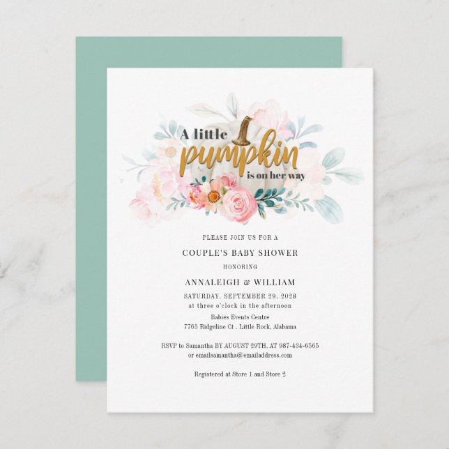 Little Pumpkin Fall Couple Baby Dusche Pink Floral Einladung (Vorne/Hinten)