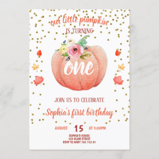 Little Pumpkin Fall First Birthday Girl Gold Einladung