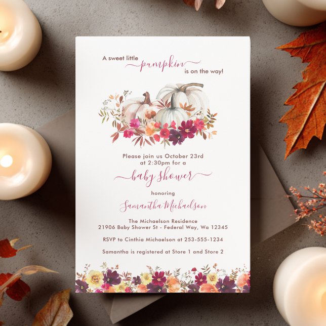 Little Pumpkin Fall Floral Baby Dusche Einladung (Little Pumpkin Fall Floral Baby Shower Invitation)
