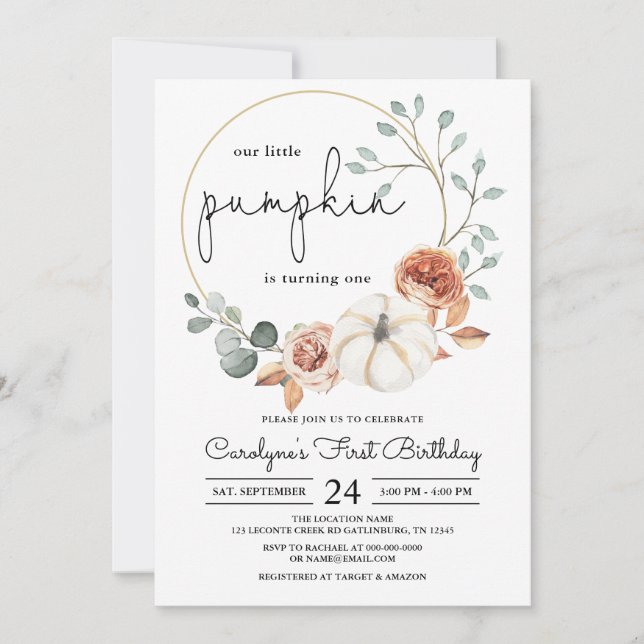 Little Pumpkin Fall Floral Geburtstag Einladung (Vorderseite)