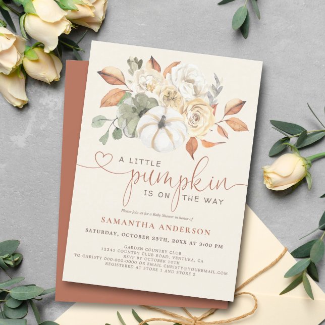 Little Pumpkin Fall Floral Watercolor Babydusche Einladung (For a baby shower that will leave a lasting impression, this little pumpkin-themed invite is perfect)