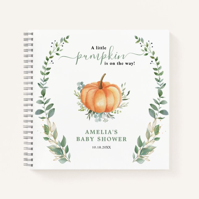 Little Pumpkin Fall Greenery Baby Shower Gästebuch Notizbuch (Vorderseite)