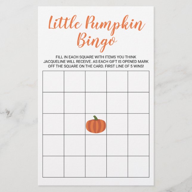 Little Pumpkin Fall Herbst Baby Shower Bingo Card (Vorderseite)