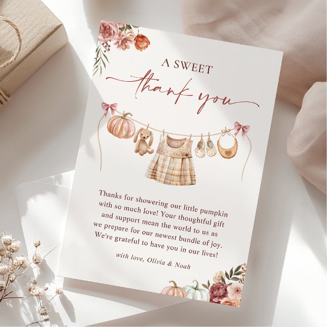 Little Pumpkin Fall Pink Floral Girl Babydusche Dankeskarte (Von Creator hochgeladen)
