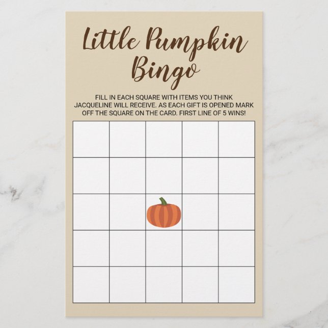 Little Pumpkin Fall Tan Baby Shower Bingo Card (Vorderseite)