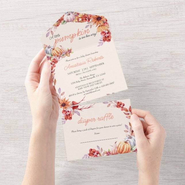 Little Pumpkin Fall Wasserfarbe Rustikale Babydusc All In One Einladung (Abreißen)