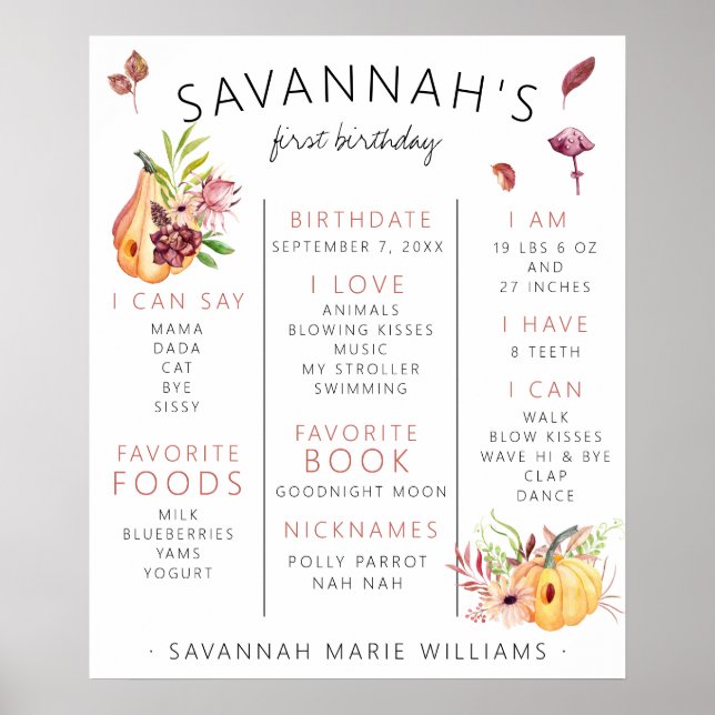 Little Pumpkin First Birthday Milestone Poster (Vorne)