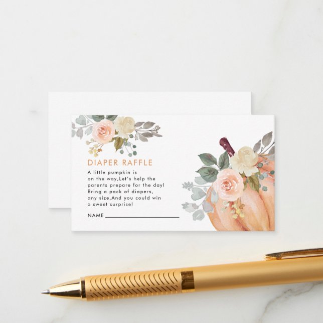Little Pumpkin Floral Baby Dusche Windel Raffle Begleitkarte (Vorderseite/Rückseite Beispiel)