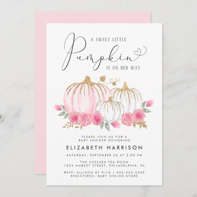 Little Pumpkin Floral Watercolor Baby Girl Einladung (Vorne/Hinten)