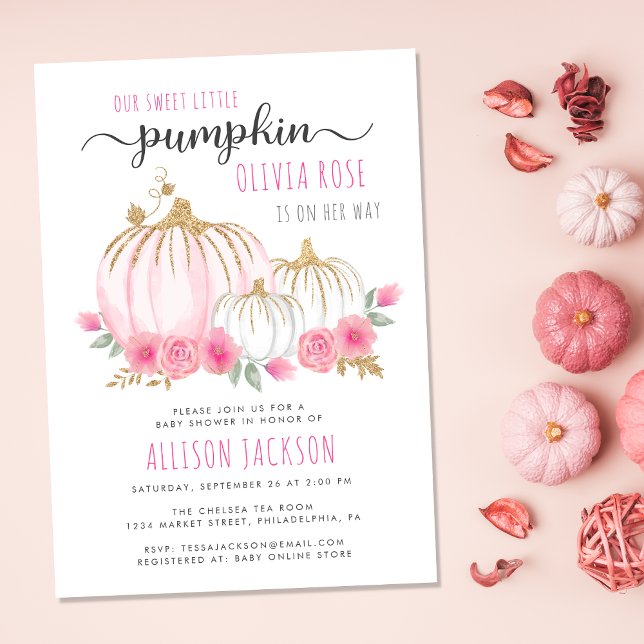 Little Pumpkin Floral Watercolor Kindermädchendusc Einladung (Celebrate the upcoming arrival of your sweet autumn baby girl with a pumpkin-themed baby shower)
