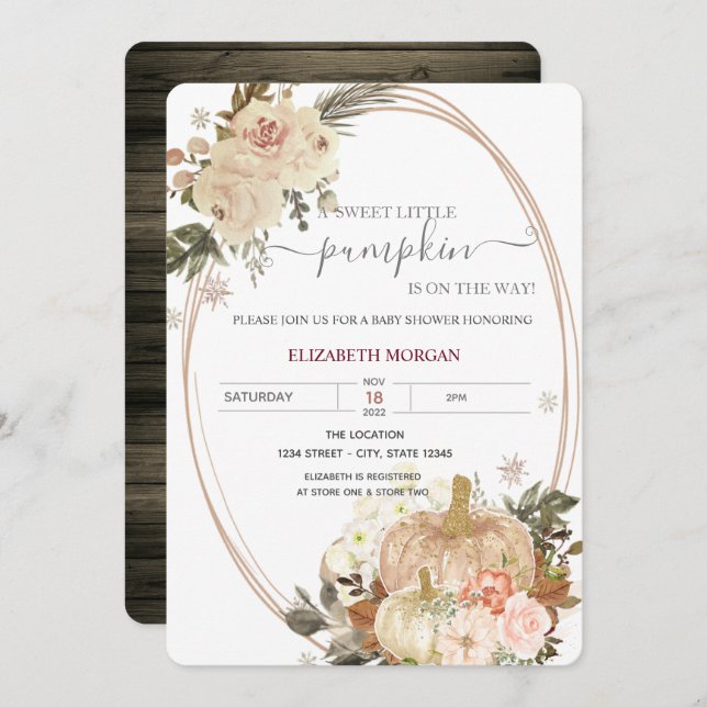 Little Pumpkin Frame Blume Wood Baby Dusche Einladung (Vorne/Hinten)