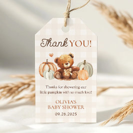 Little Pumpkin Gingham Bear Fall Baby Shower Gevor Geschenkanhänger