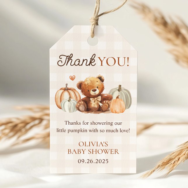 Little Pumpkin Gingham Bear Fall Baby Shower Gevor Geschenkanhänger (Von Creator hochgeladen)