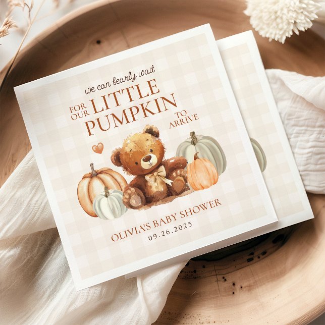 Little Pumpkin Gingham Teddy Bear Fall Baby Shower Serviette (Von Creator hochgeladen)