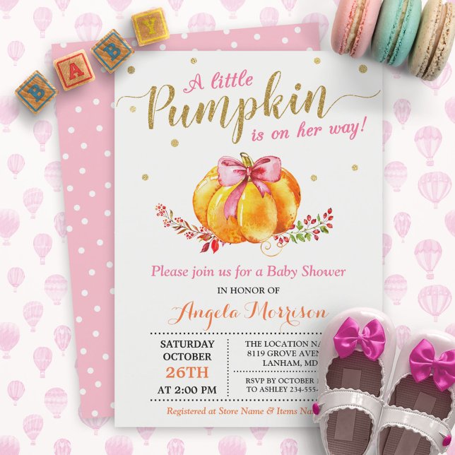 Little Pumpkin Girl Gold Pink Fall Baby Dusche Einladung (Von Creator hochgeladen)