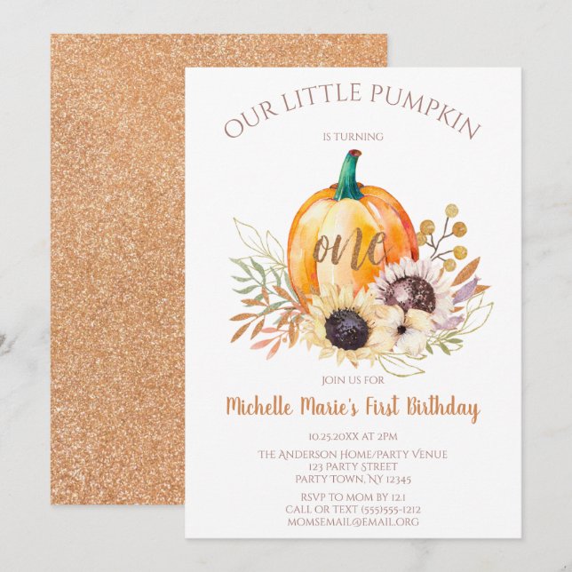 Little Pumpkin Girl zum ersten Geburtstag Einladung (Vorne/Hinten)